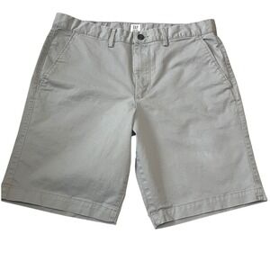 Gap Mens Khaki Shorts Gray Stretch Cotton Twill Flat Front Sz 32 Preppy Casual